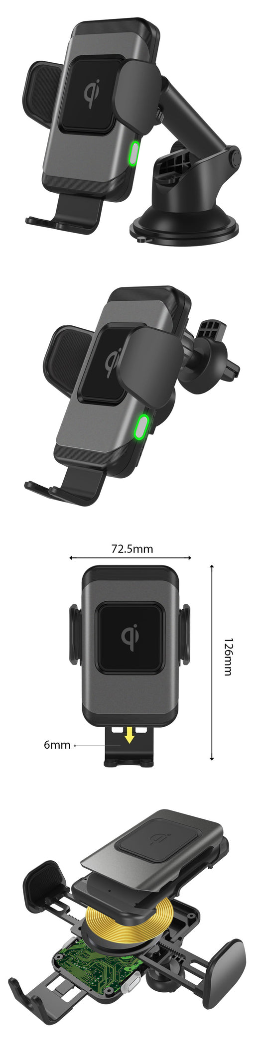 Grey and black 10W fast wireless car charger with automatic clamping arms and a vent mount, featuring a green indicator light. - Image 8