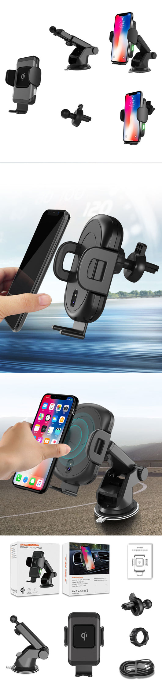Grey and black 10W fast wireless car charger with automatic clamping arms and a vent mount, featuring a green indicator light. - Image 9