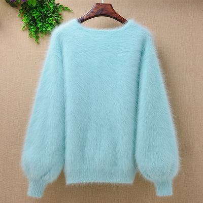 Suéter Holgado de Terciopelo Mink con Cuello Redondo y Mangas Linterna para Mujer - Image 39