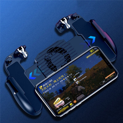 Black mobile gaming controller with a smartphone, featuring shoulder triggers and a glowing blue cooling fan. - Image 9