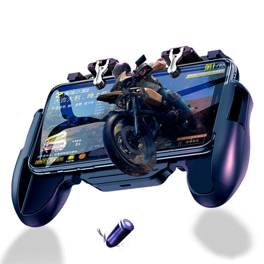 Black mobile gaming controller with a smartphone, featuring shoulder triggers and a glowing blue cooling fan. - Image 11