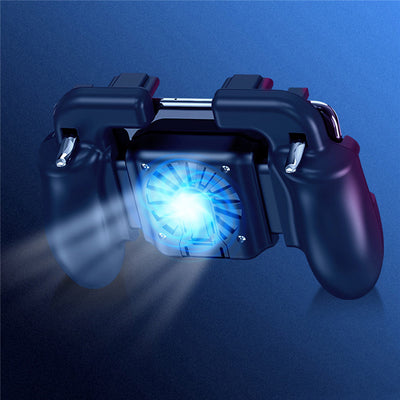 Black mobile gaming controller with a smartphone, featuring shoulder triggers and a glowing blue cooling fan. - Image 13