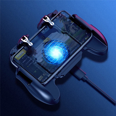 Black mobile gaming controller with a smartphone, featuring shoulder triggers and a glowing blue cooling fan. - Image 14