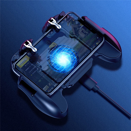 Black mobile gaming controller with a smartphone, featuring shoulder triggers and a glowing blue cooling fan. - Image 14
