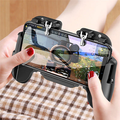 Black mobile gaming controller with a smartphone, featuring shoulder triggers and a glowing blue cooling fan. - Image 15
