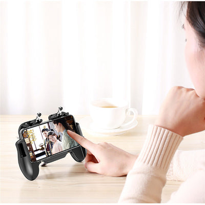 Black mobile gaming controller with a smartphone, featuring shoulder triggers and a glowing blue cooling fan. - Image 16