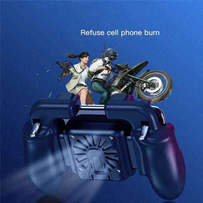 Black mobile gaming controller with a smartphone, featuring shoulder triggers and a glowing blue cooling fan. - Image 18