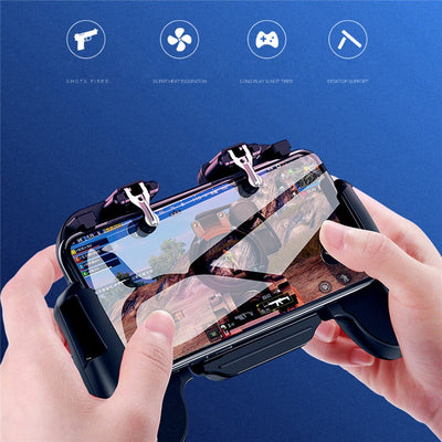 Black mobile gaming controller with a smartphone, featuring shoulder triggers and a glowing blue cooling fan. - Image 22