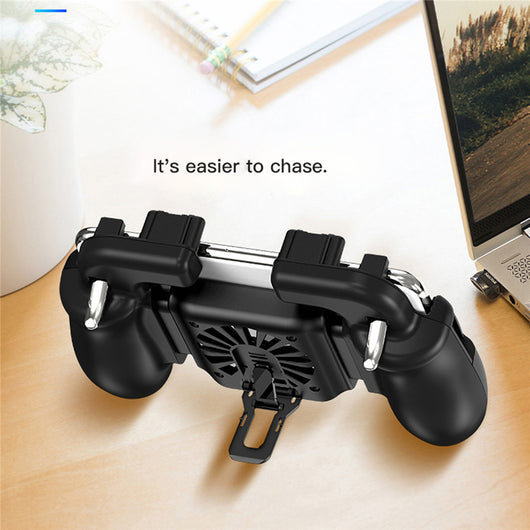 Black mobile gaming controller with a smartphone, featuring shoulder triggers and a glowing blue cooling fan. - Image 23