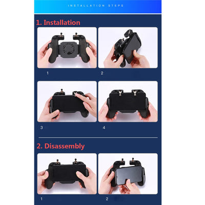 Black mobile gaming controller with a smartphone, featuring shoulder triggers and a glowing blue cooling fan. - Image 24