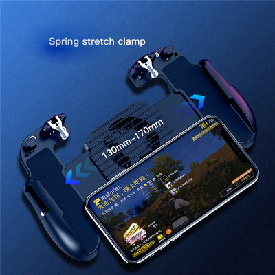 Black mobile gaming controller with a smartphone, featuring shoulder triggers and a glowing blue cooling fan. - Image 26