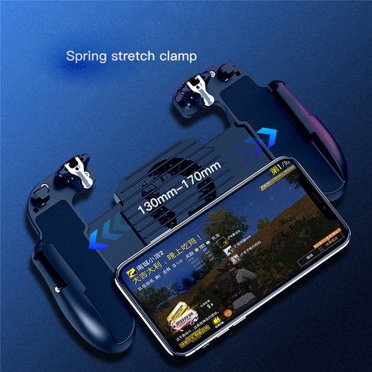 Black mobile gaming controller with a smartphone, featuring shoulder triggers and a glowing blue cooling fan. - Image 26