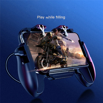 Black mobile gaming controller with a smartphone, featuring shoulder triggers and a glowing blue cooling fan. - Image 30