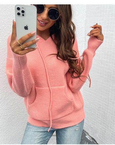 Sudadera Mujer Tejida Color Sólido con Capucha y Bolsillos - Image 10