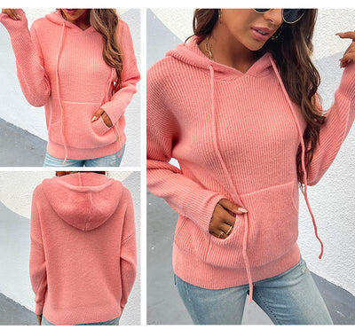 Sudadera Mujer Tejida Color Sólido con Capucha y Bolsillos - Image 11