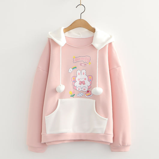Sudadera con Capucha de Terciopelo para Mujer - Diseño Conejo Cartoon con Pompones - Image 6