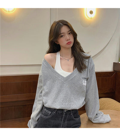 Suéter Falso Dos Piezas Cuello V Mujer - Blusa Suelta y Delgada - Image 18