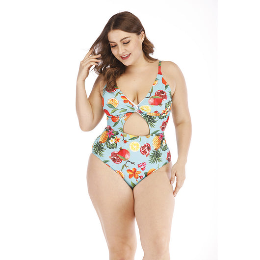 Plus size light blue one-piece swimsuit with tropical fruit and floral print, V-neck, and midriff cutout. - Image 8