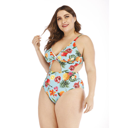 Plus size light blue one-piece swimsuit with tropical fruit and floral print, V-neck, and midriff cutout. - Image 9