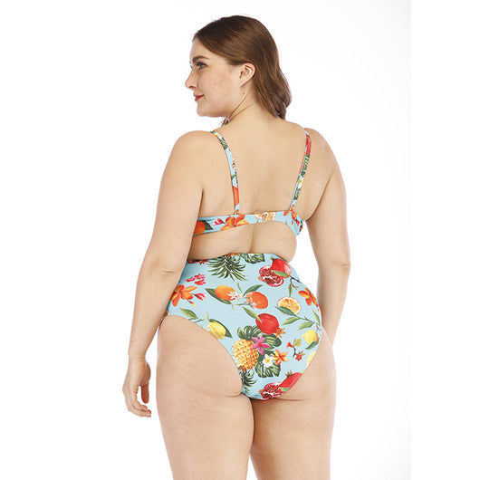 Plus size light blue one-piece swimsuit with tropical fruit and floral print, V-neck, and midriff cutout. - Image 11