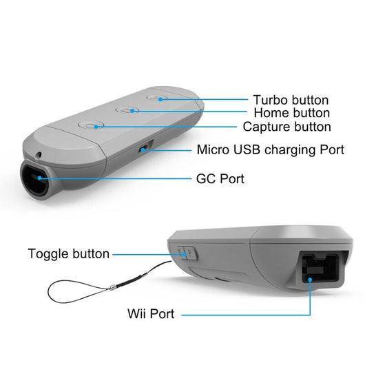 Gray wireless controller converter with GC Port, Wii Port, Micro USB, Turbo, Home, Capture, and Toggle buttons. - Image 9