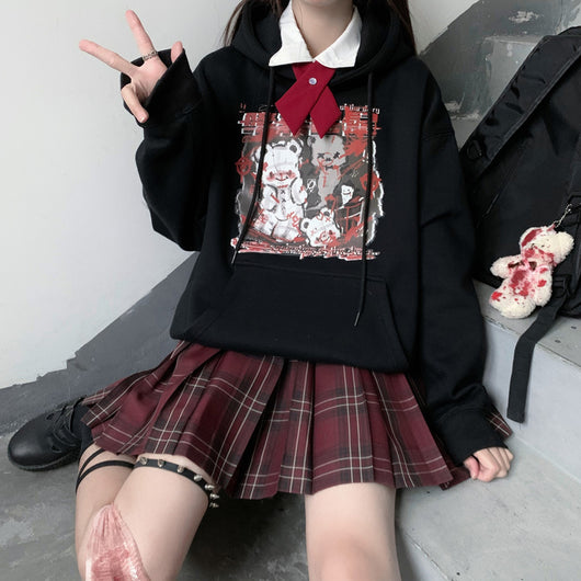 Suéter Holgado de Terciopelo Grueso con Estampado Oscuro Japonés para Mujer - Image 9