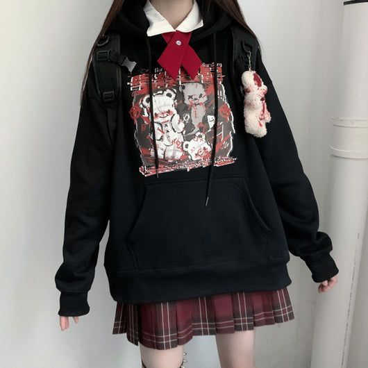 Suéter Holgado de Terciopelo Grueso con Estampado Oscuro Japonés para Mujer - Image 13