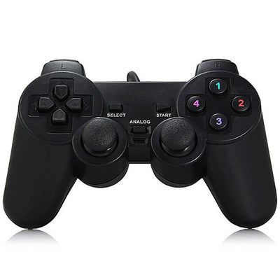 Black USB wired gamepad controller with a D-pad, dual analog sticks, and four colored action buttons. - Image 7