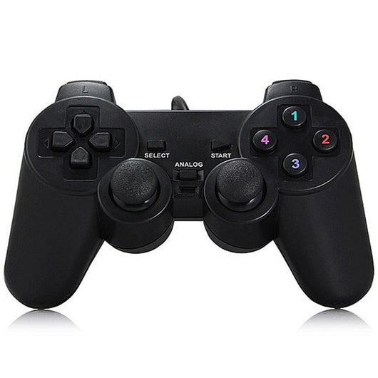 Black USB wired gamepad controller with a D-pad, dual analog sticks, and four colored action buttons. - Image 7