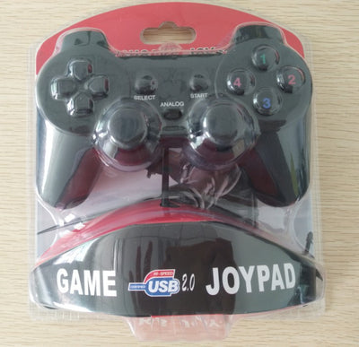 Black USB wired gamepad controller with a D-pad, dual analog sticks, and four colored action buttons. - Image 10