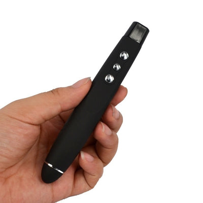 Black wireless presentation remote with laser pointer, USB receiver, and a matching black carrying case. - Image 9