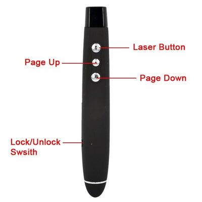 Black wireless presentation remote with laser pointer, USB receiver, and a matching black carrying case. - Image 11