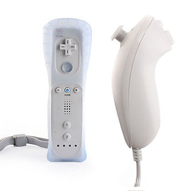 White Wii remote with a light blue silicone sleeve and a white Nunchuk controller with a grey wrist strap. - Image 15