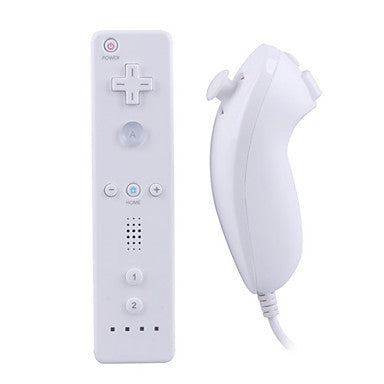 White Wii remote with a light blue silicone sleeve and a white Nunchuk controller with a grey wrist strap. - Image 16