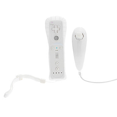White Wii remote with a light blue silicone sleeve and a white Nunchuk controller with a grey wrist strap. - Image 18
