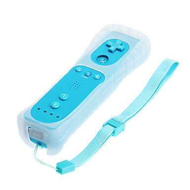 White Wii remote with a light blue silicone sleeve and a white Nunchuk controller with a grey wrist strap. - Image 26