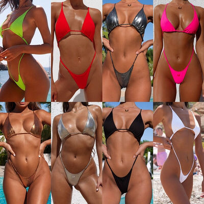 Red one-piece swimsuit with a strappy cut-out design, triangle top, and thong bottom, laid flat. - Image 3