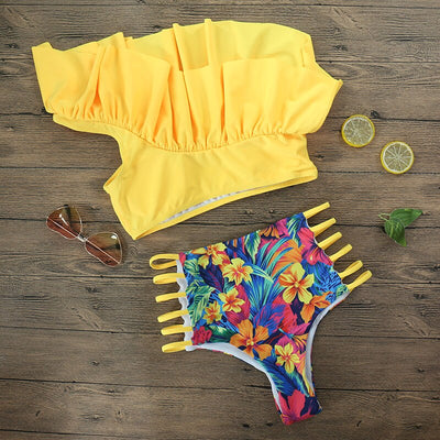 Vibrant one-shoulder ruffle print swimsuit with a lace-up top and high-waisted ruched bottoms, featuring a tropical floral pattern. - Image 9