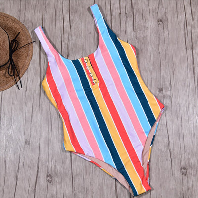 Colorful striped one-piece swimsuit with snap buttons, featuring pink, orange, yellow, green, and blue stripes. - Image 8