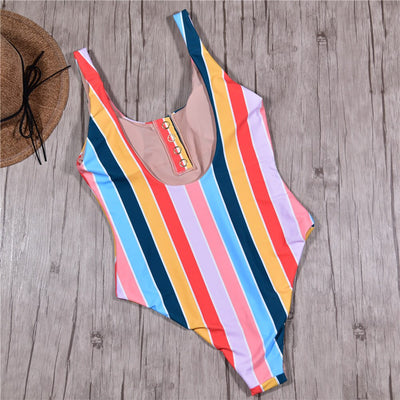 Colorful striped one-piece swimsuit with snap buttons, featuring pink, orange, yellow, green, and blue stripes. - Image 9