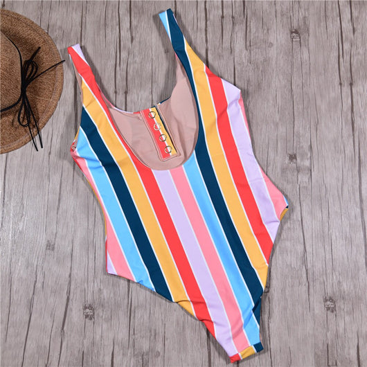 Colorful striped one-piece swimsuit with snap buttons, featuring pink, orange, yellow, green, and blue stripes. - Image 9