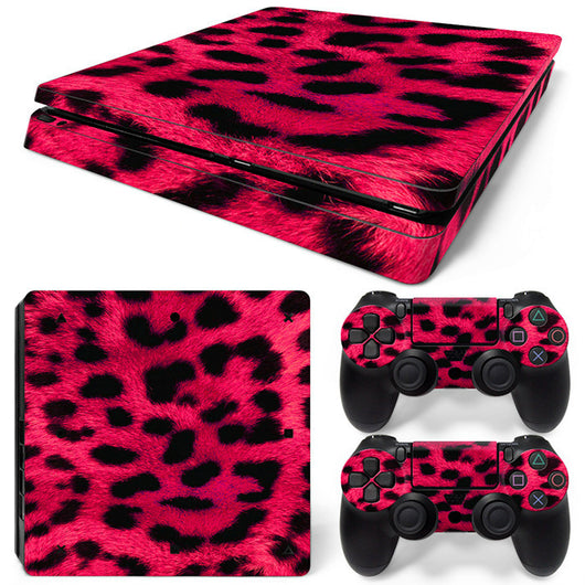 Hot pink and black leopard print skin set for PS4 Slim console and two controllers. - Image 50