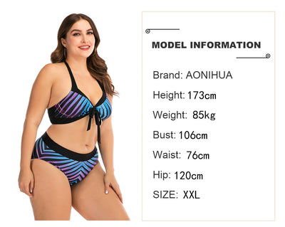 Plus size two-piece swimsuit with a black base, colorful geometric pattern, criss-cross top, and high-waisted bottom. - Image 5