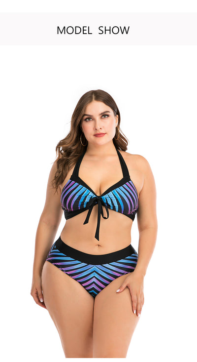 Plus size two-piece swimsuit with a black base, colorful geometric pattern, criss-cross top, and high-waisted bottom. - Image 7