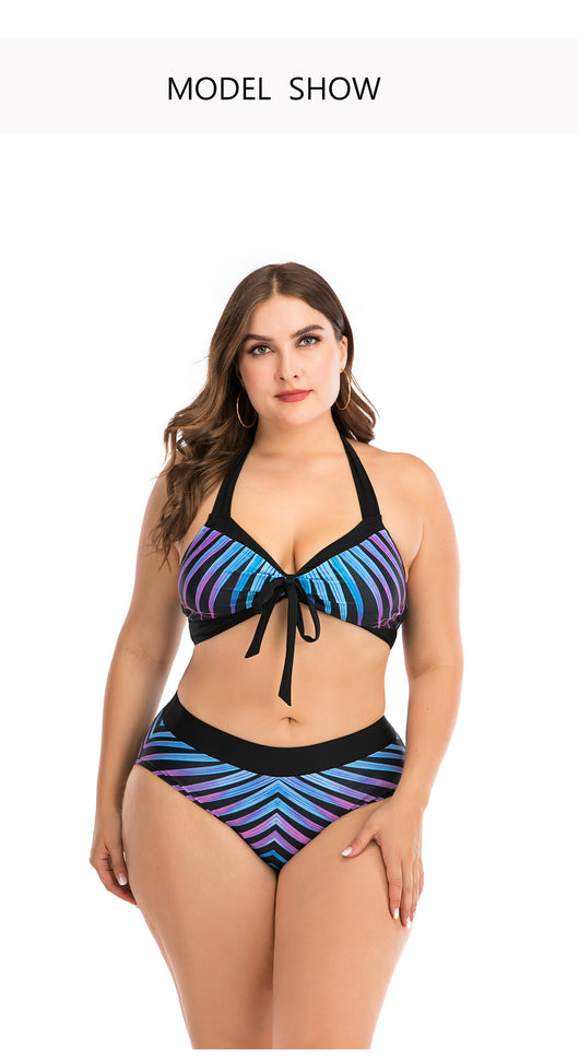 Plus size two-piece swimsuit with a black base, colorful geometric pattern, criss-cross top, and high-waisted bottom. - Image 7