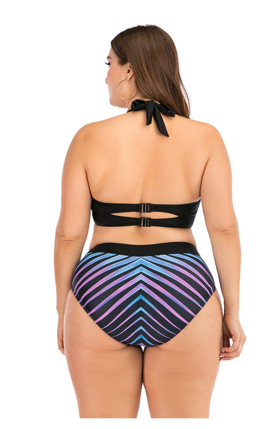 Plus size two-piece swimsuit with a black base, colorful geometric pattern, criss-cross top, and high-waisted bottom. - Image 14