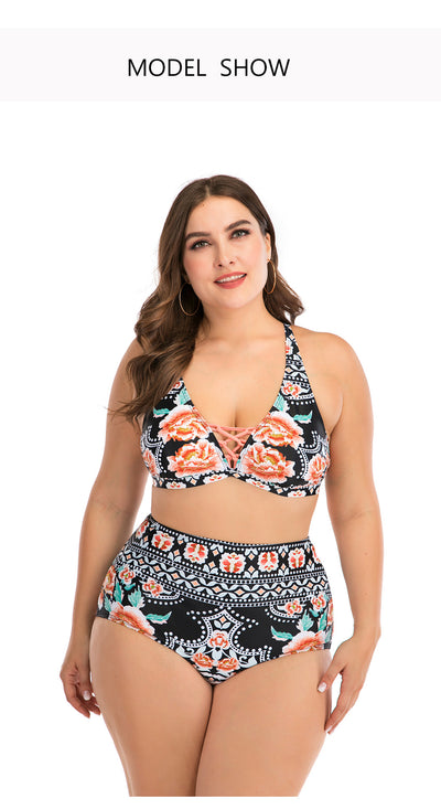 Plus size two-piece swimsuit with a black base, colorful geometric pattern, criss-cross top, and high-waisted bottom. - Image 16