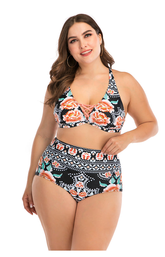 Plus size two-piece swimsuit with a black base, colorful geometric pattern, criss-cross top, and high-waisted bottom. - Image 17