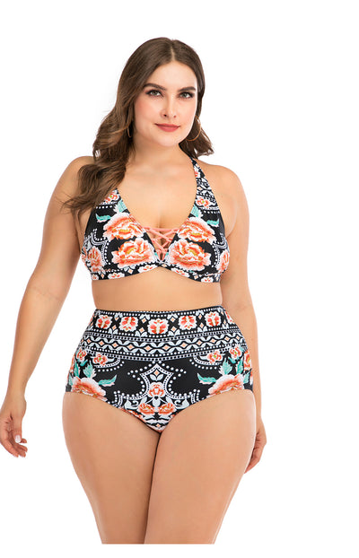 Plus size two-piece swimsuit with a black base, colorful geometric pattern, criss-cross top, and high-waisted bottom. - Image 21