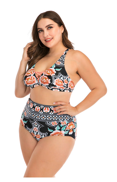 Plus size two-piece swimsuit with a black base, colorful geometric pattern, criss-cross top, and high-waisted bottom. - Image 22